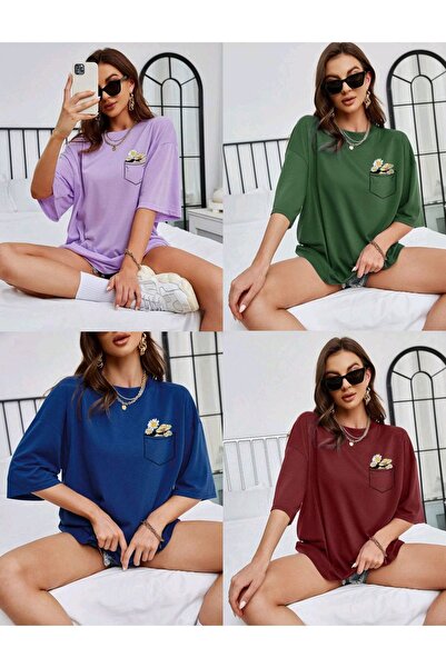 FAVORİST Μπλουζάκι 4 σε 1 με στάμπα λουλουδιών Unisex Oversize