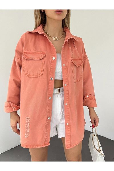 LB Laluna Butik Women's Ripped Detailed Casual Cut Shirt Jacket with Chest Pocket and Snap Closure