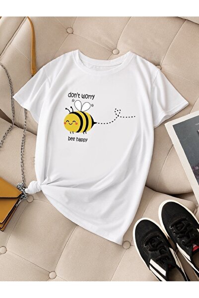 PALPİTO Унисекс бяла тениска с голям размер - щампа „Не се тревожи, пчела щас...