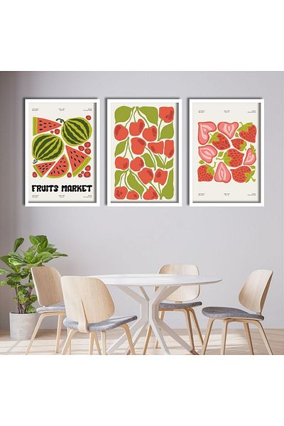 GAAGART Pictură MDF din 3 piese cu cadru laminat din lemn abstract pepene verde cireș căpșuni