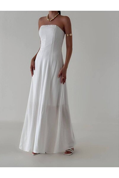 LOCH BUTİK Λευκό Maxi Viscose Στράπλες Γυναικείο Φόρεμα