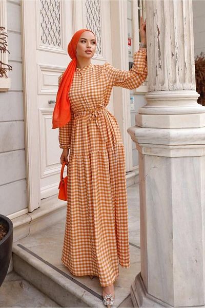 comstar Rochie largi portocalie cu mâneci cu șnur pentru femei, cu model pătrat, hijab