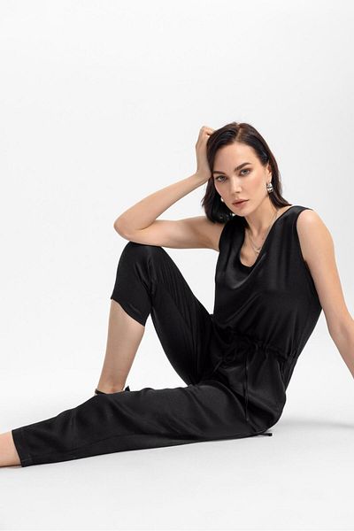 Evermade Ankle Length Satin Jumpsuit with V-Neck Tie Waist