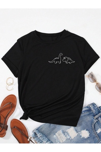 PALPİTO Dinosaur Štampano Unisex crna Prugasto Oversize kroj T-shirt