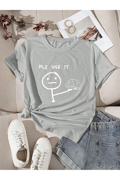 PALPİTO Unisex Grey Plz Use It εμπριμέ μπλουζάκι υπερμεγέθη
