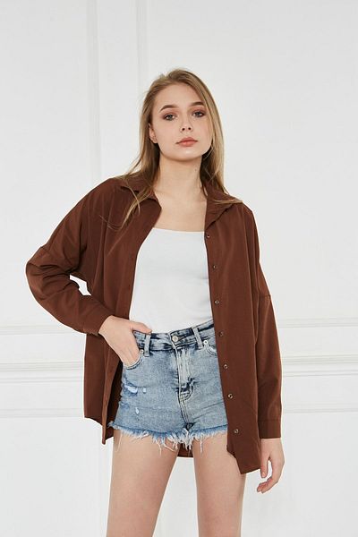 comstar Дамска лятна риза с дълъг ръкав Oversize, цвят кафе