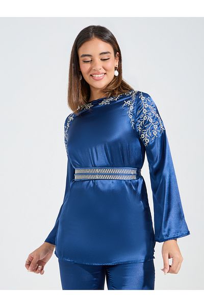 Styli Embroidered Panel Belted Top & Pants Co-Ords