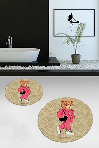 EY HOME Ψηφιακό πλενόμενο αντιολισθητικό σετ τουαλέτας με μοτίβο αρκουδάκι, διπλό χαλάκι μπάνιου, στρογγυλό σετ τουαλέτας