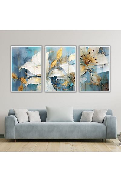 GAAGART Set de 3 mese din sticlă cu cadru metalic Blue Gold Detailed Lily