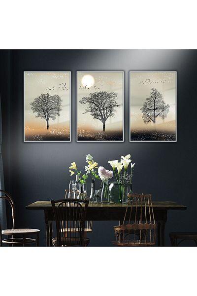 GAAGART Set de 3 mese din sticlă cu cadru metalic Design copac apus de soare