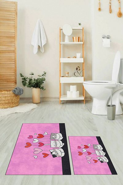 EY HOME Set de scaune de toaletă dublă pentru baie, imprimat, lavabil, cu model de pisici, WC-42-PINK,