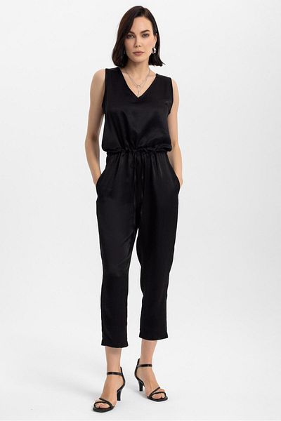 Evermade Ankle Length Satin Jumpsuit with V-Neck Tie Waist