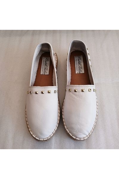 Butik Tülin Women's Genuine Cowhide White Gold Riveted Soft Hand Stitching Non-Slip Rubber Mesh Sole Espadrille