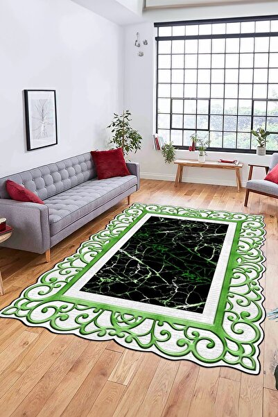 EY HOME Digital Printed Non-Slip Base Washable Marble Pattern Framed Laser Cut Carpet
