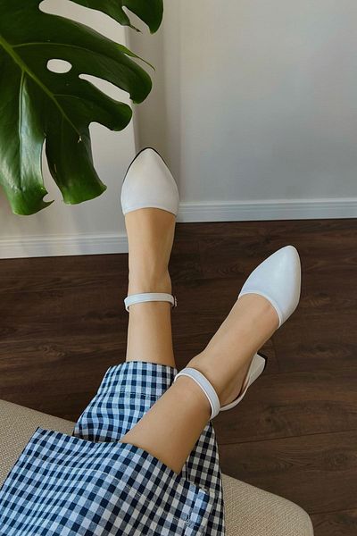 POLKA STORE Women's Ruth Short Thick Heeled Daily Comfortable White Matte Leather Shoes