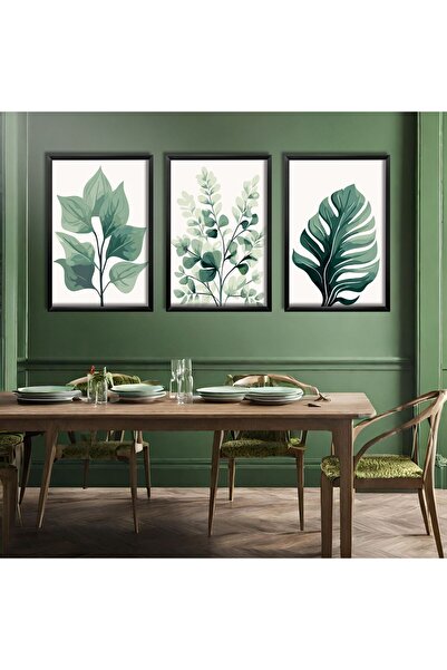 GAAGART 3'lü Ahşap Lamine Çerçeveli Mdf Tablo Pastel Yeşil Yapraklar