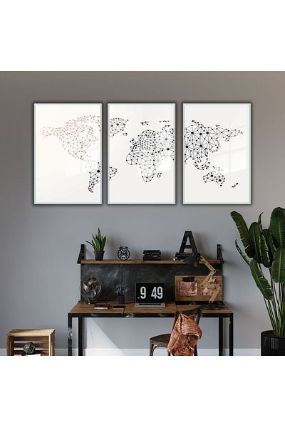 GAAGART Set of 3 Metal Framed Glass Painting Set Pointed World Map