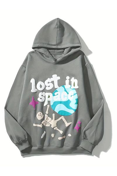 NOFLEN Unisex Anthracite Lost in Space Φούτερ με κουκούλα με στάμπα μεγάλου μεγέθους