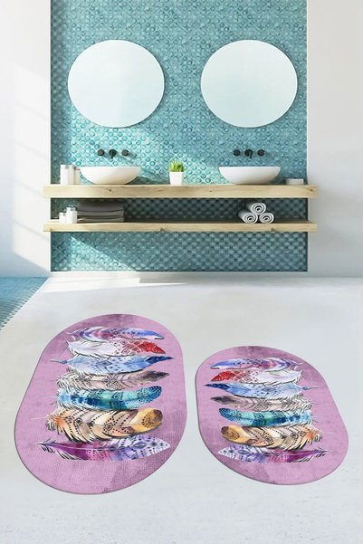 EY HOME Digital Washable Non-Slip Colorful Ethnic Leaf Pattern Double Bathroom Rug Oval Toilet Set