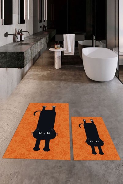 EY HOME Digital Printed Washable Non-Slip Cute Cat Double-Sided Bathroom Rug Mat Toilet Seat Set