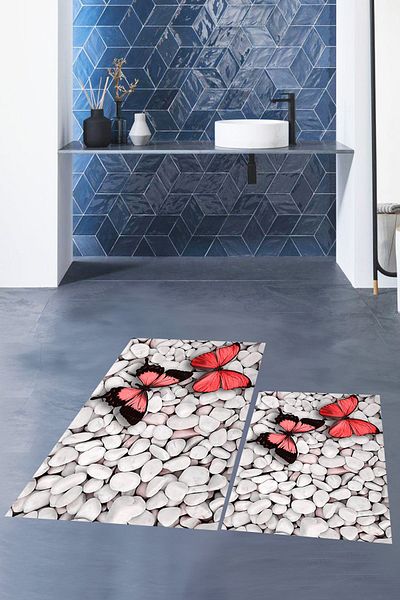 EY HOME Set de scaune de toaletă cu model de fluturi 3D, lavabil, ștergabil, dublu, covor de baie, KLOZET-45-RED,