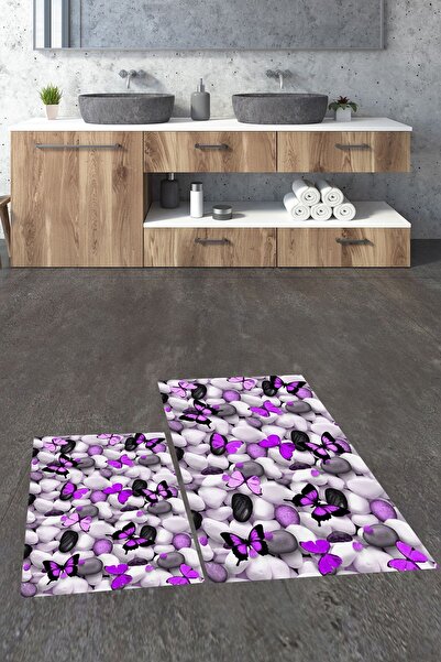 EY HOME Set de covoraș de baie dublu, lavabil, anti-alunecare, cu model flutu...