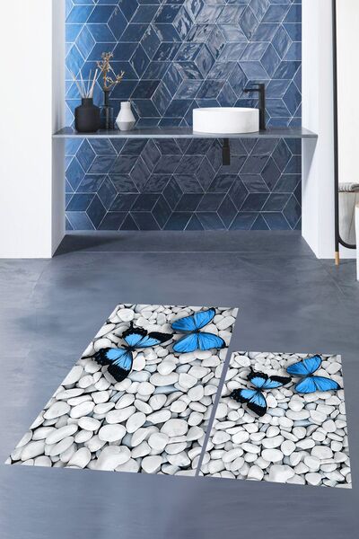 EY HOME Set de scaune de toaletă cu model de fluturi 3D, lavabil, ștergabil, dublu, covor de baie, KLOZET-45-ALBASTRU,