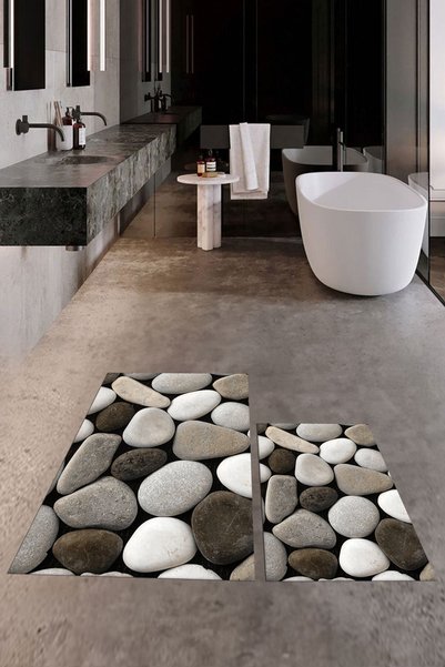EY HOME 3D Colorful Stone Pattern Washable Non-Slip Wipeable Double-Sided Bathroom Carpet Mat Toilet Set