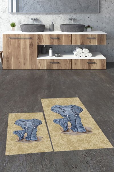 EY HOME Digital Washable Non-Slip Modern Elephant Pattern Double Bathroom Rug Mat Toilet Set