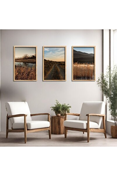 GAAGART 3'lü Ahşap Lamine Çerçeveli Mdf Tablo Yol ve Göl Manzarası