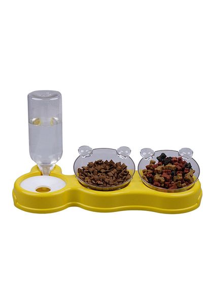 Glipet Yellow Feeding Food and Water Bowl - Double Chamber, 3 Pieces, 500ml, 36*21*16 Cm