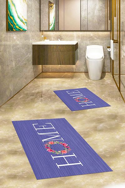 EY HOME Set de scaune de toaletă cu covor de baie dublu, lavabil, imprimat, floral, scris acasă, KLOZET-12-MOR,