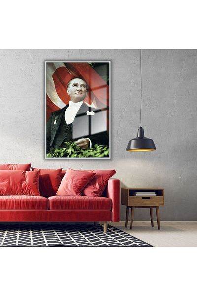 GAAGART Portretul Ataturk cu steagul turcesc pe masă de sticlă cu cadru metalic