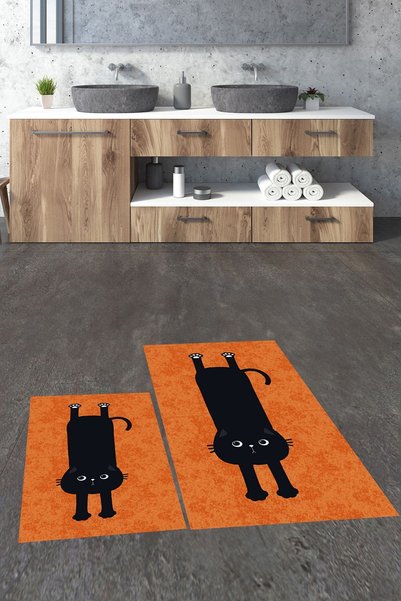 EY HOME Digital Printed Washable Non-Slip Cute Cat Double-Sided Bathroom Rug Mat Toilet Seat Set
