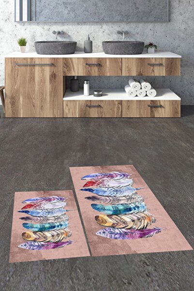 EY HOME Ψηφιακό πλενόμενο αντιολισθητικό σετ τουαλέτας με πολύχρωμο έθνικ σχέδιο με φύλλα διπλό χαλί μπάνιου