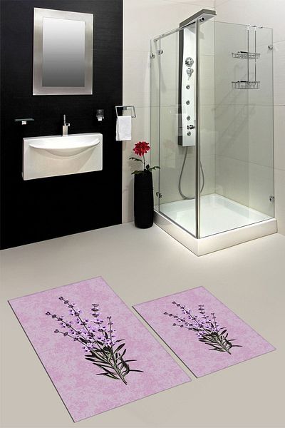 EY HOME Τυπωμένο πλένεται μοντέρνο λουλουδάτο διπλό χαλί μπάνιου Σετ καθίσματος τουαλέτας, KLOZET-29-PINK,