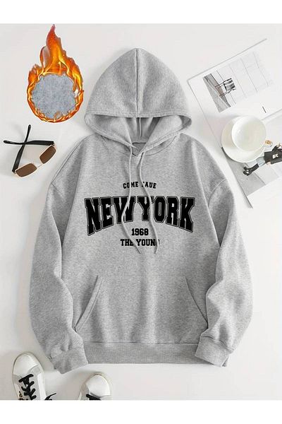 NOFLEN Унисекс суичър с качулка със сив щампа New York