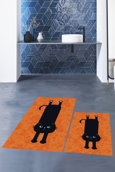 EY HOME Digital Printed Washable Non-Slip Cute Cat Double-Sided Bathroom Rug Mat Toilet Seat Set