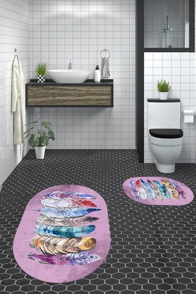 EY HOME Digital Washable Non-Slip Colorful Ethnic Leaf Pattern Double Bathroom Rug Oval Toilet Set