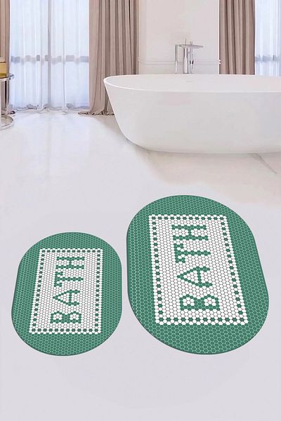 EY HOME Set de scaun de toaletă cu covoraș de baie oval dublu scris pentru baie cu model mozaic imprimat digital, OKLZT-7-GREEN,