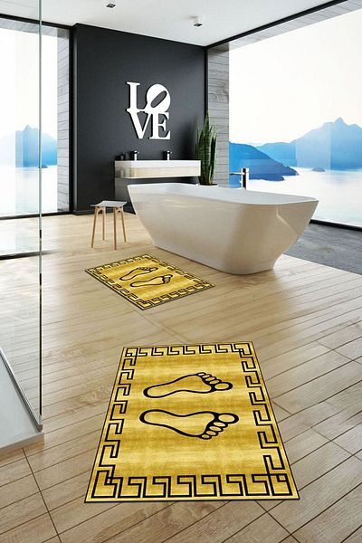 EY HOME Set de scaune de toaletă dublă pentru baie, cu model de amprentă, lavabil, imprimat, KLOZET-19-YELLOW,