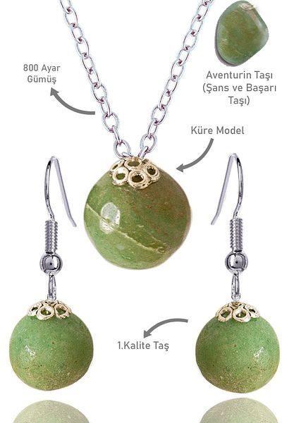 Tesbih Atölyesi Aventurine Globe Model Necklace and Earring Set - Silver Apparatus, Certified