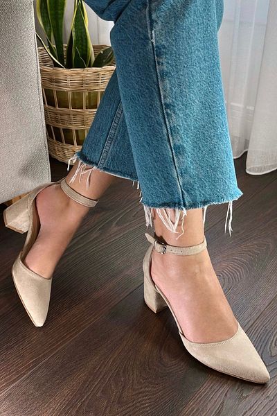 POLKA STORE Women's Ruth Short Thick Heeled Daily Comfortable Beige Nude Suede Shoes
