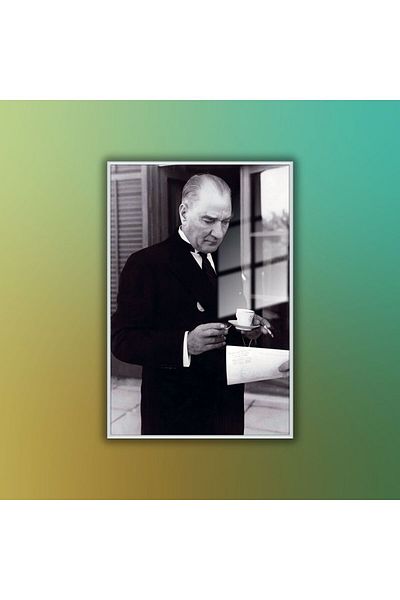 GAAGART Masă de birou din sticlă temperată cu cadru metalic Ataturk care băut cafea