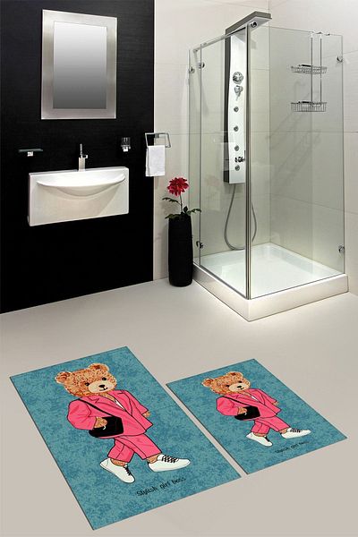 EY HOME Set de scaun de toaletă cu covor de baie dublu, lavabil, imprimat digital, KLZT-34-ALBASTRU,