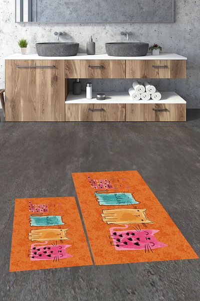 EY HOME Set de scaune de toaletă cu model de pisici colorate, lavabile, imprimate, KLOZET-41-ORANGE,