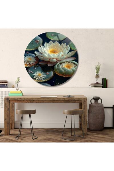 GAAGART Yuvarlak Temperli Gerçek Cam Tablo Yeşil Krem Lotus Çiçeği