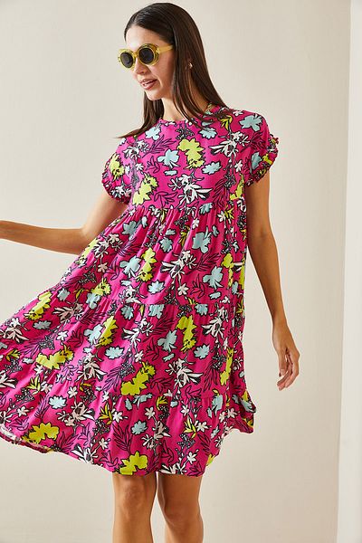 XHAN Fuchsia Floral Patterned Crew Neck Robe Mini Dress 5Yxk6-48872-07