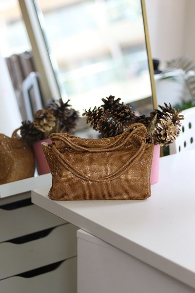 Moom Bag Geantă pentru rochie de seară pentru femei aurie - mâner dublu, brodat cu piatră