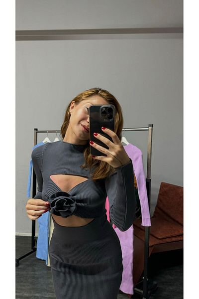 Gallogi Knitwear midi Dress - Rose Accessory and Cut Out DesiGn